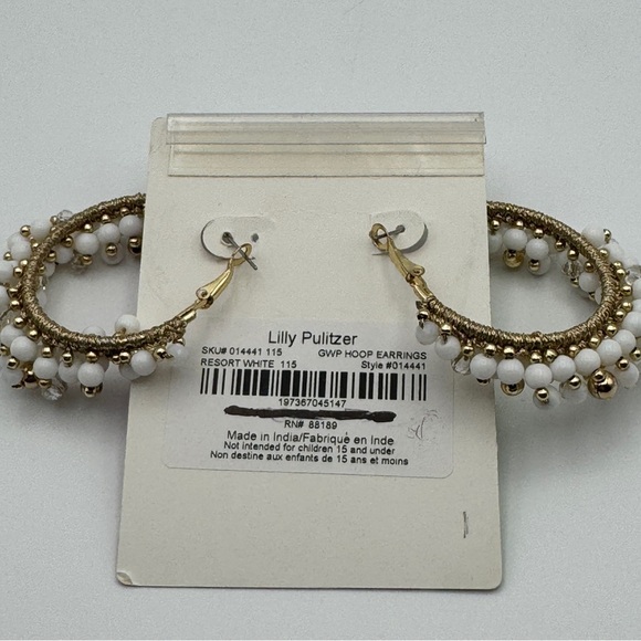 ✨ Lilly Pulitzer White Beaded Hoop Earrings Gold Tone Resort Jewelry 2” NWT - Picture 2 of 4